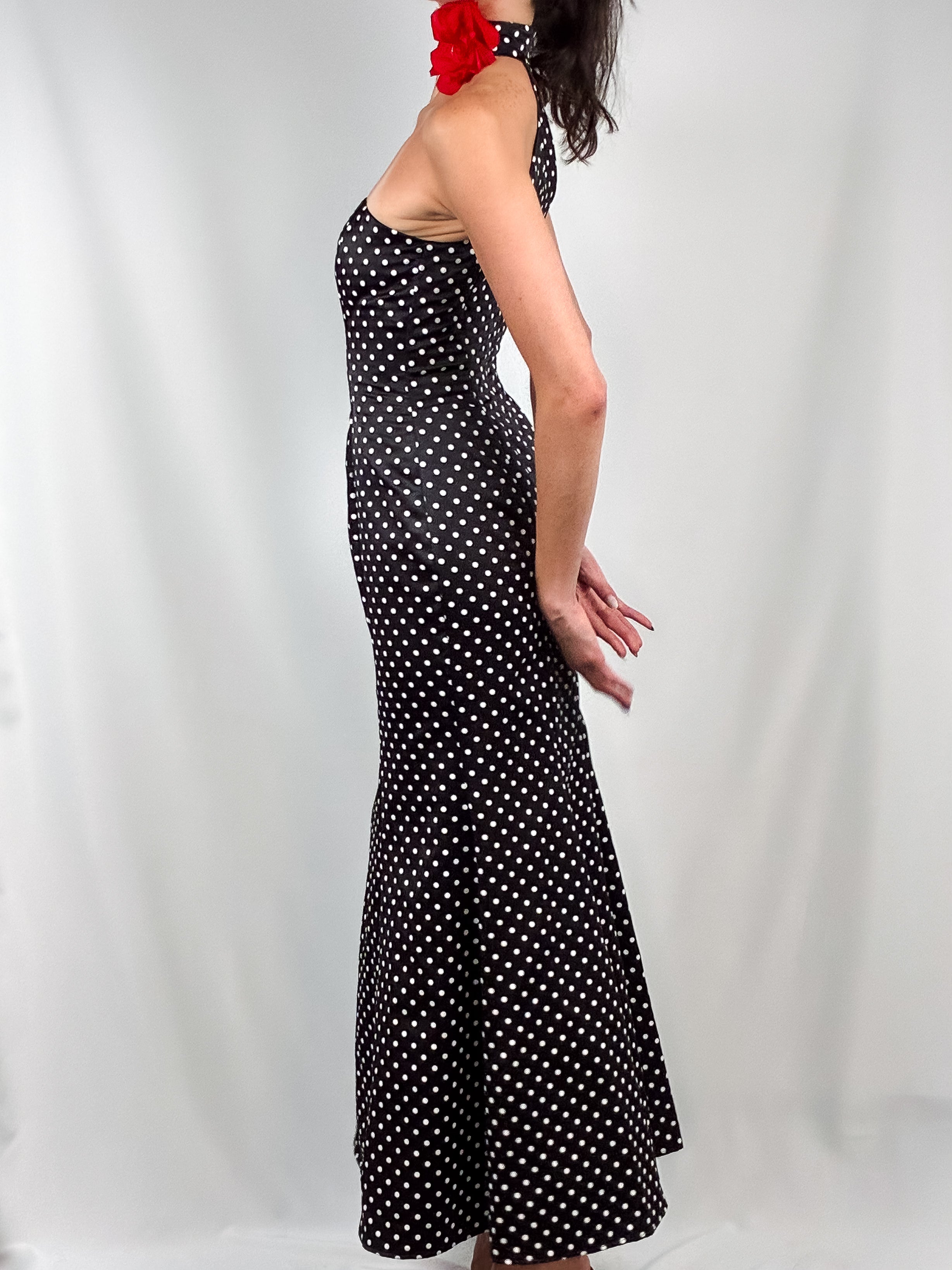 Jessica McClintock for Gunne Sax 1990s Black Polka Dot Mermaid Gown with Rose Choker - XS/S