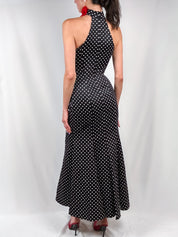 Jessica McClintock for Gunne Sax 1990s Black Polka Dot Mermaid Gown with Rose Choker - XS/S