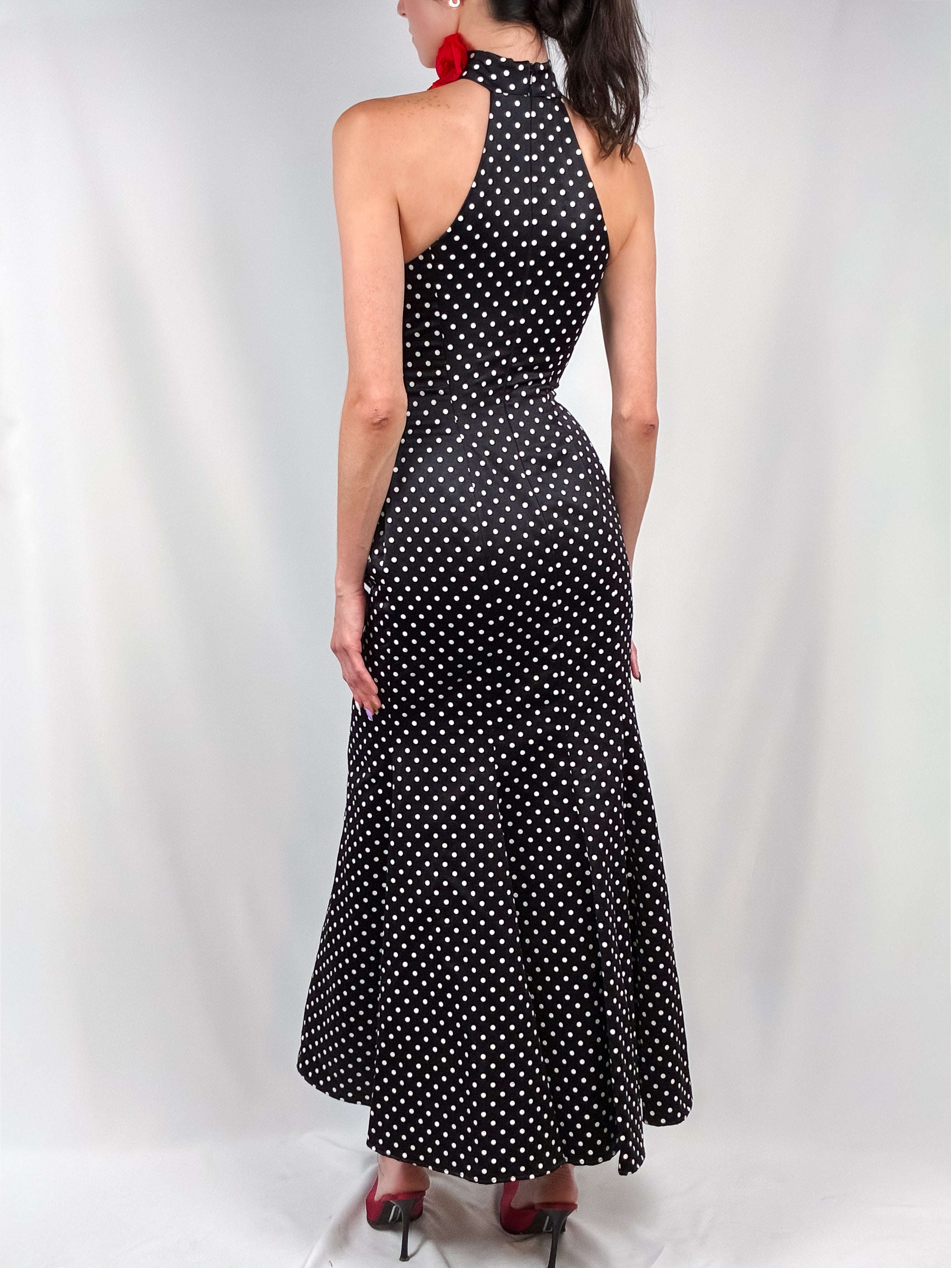 Jessica McClintock for Gunne Sax 1990s Black Polka Dot Mermaid Gown with Rose Choker - XS/S
