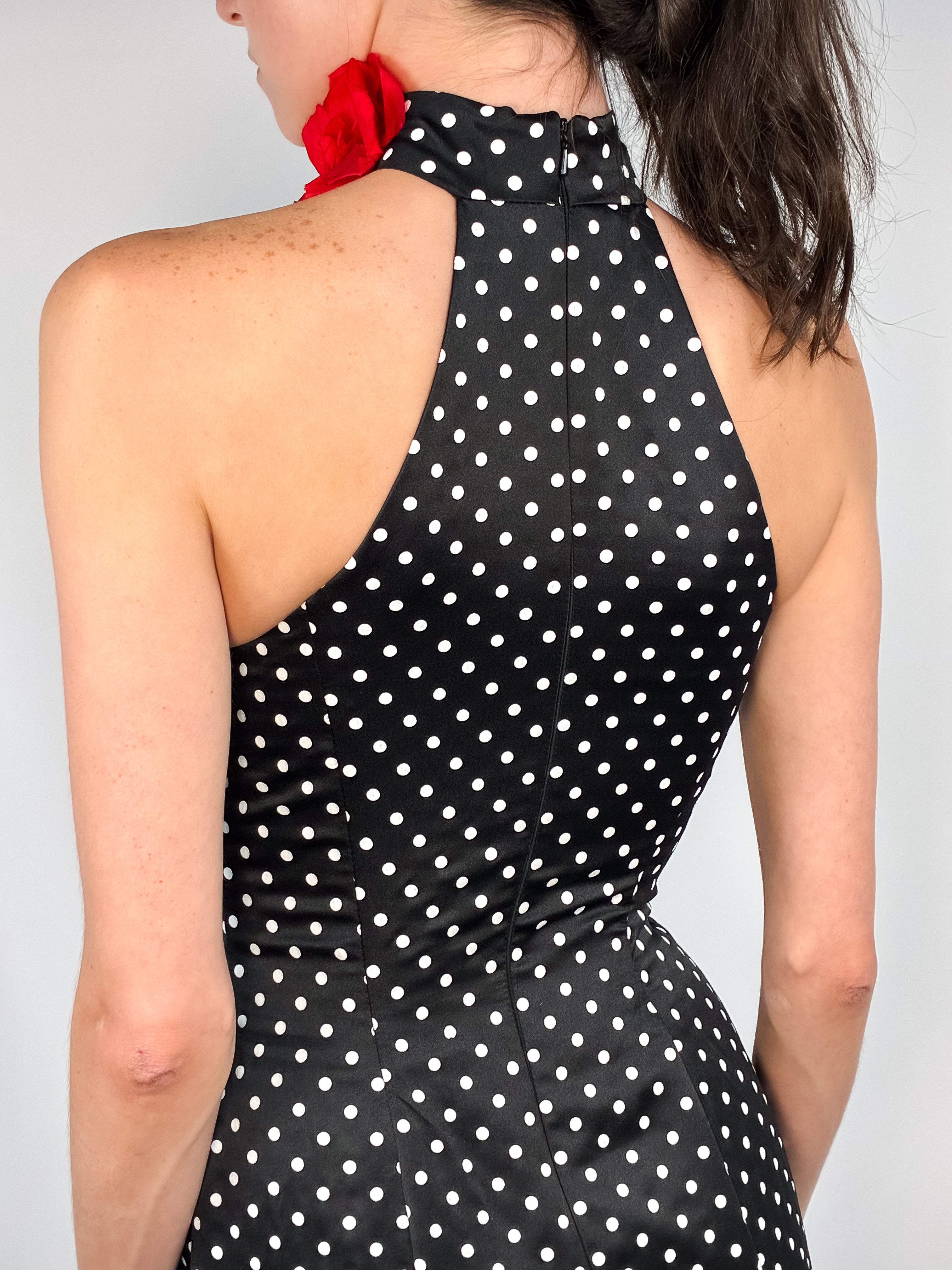 Jessica McClintock for Gunne Sax 1990s Black Polka Dot Mermaid Gown with Rose Choker - XS/S