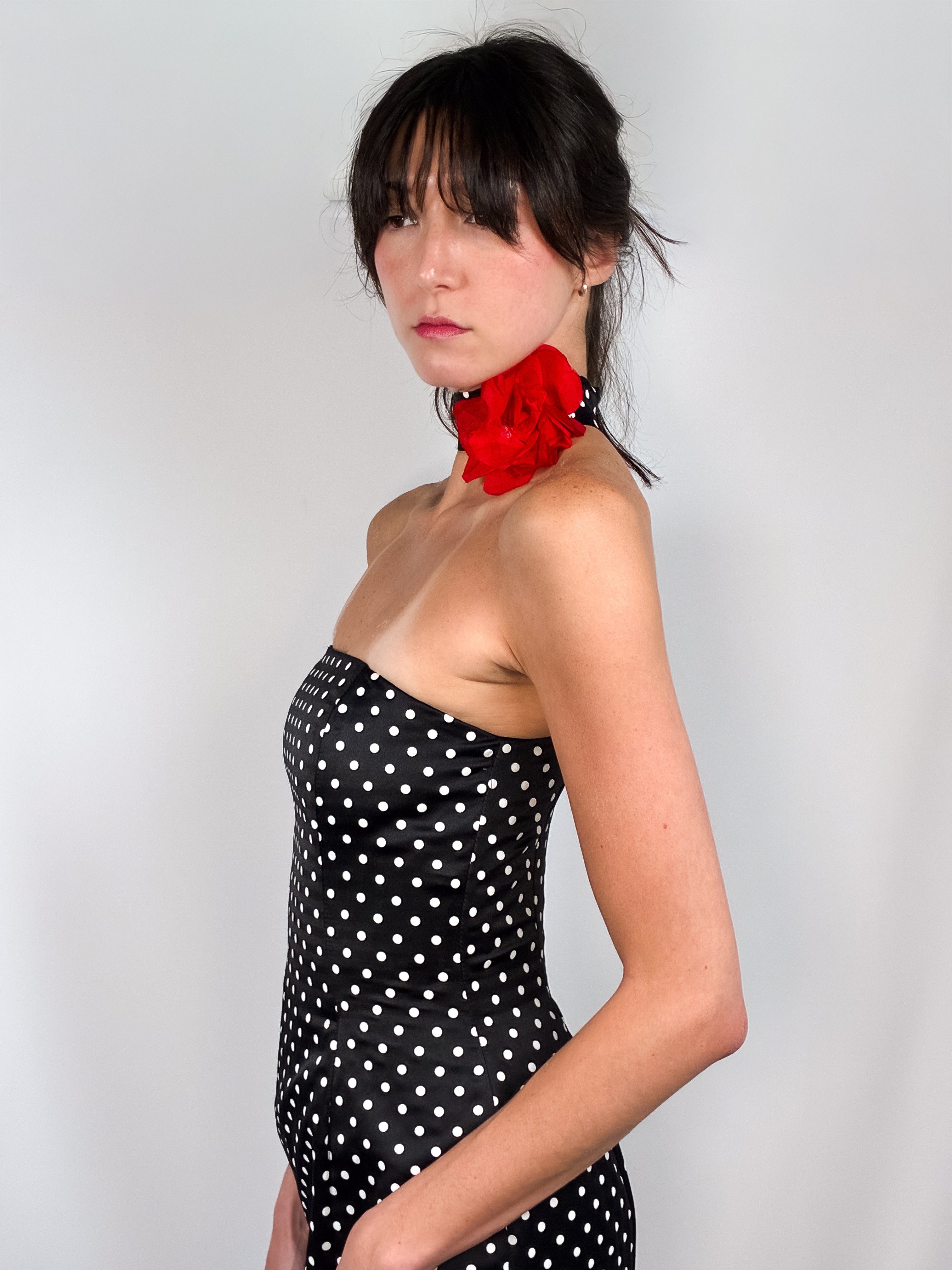 Jessica McClintock for Gunne Sax 1990s Black Polka Dot Mermaid Gown with Rose Choker - XS/S