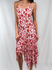 2000s Red & Cream Beaded Floral Handkerchief Hem Slip Dress - S/M