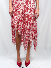 2000s Red & Cream Beaded Floral Handkerchief Hem Slip Dress - S/M