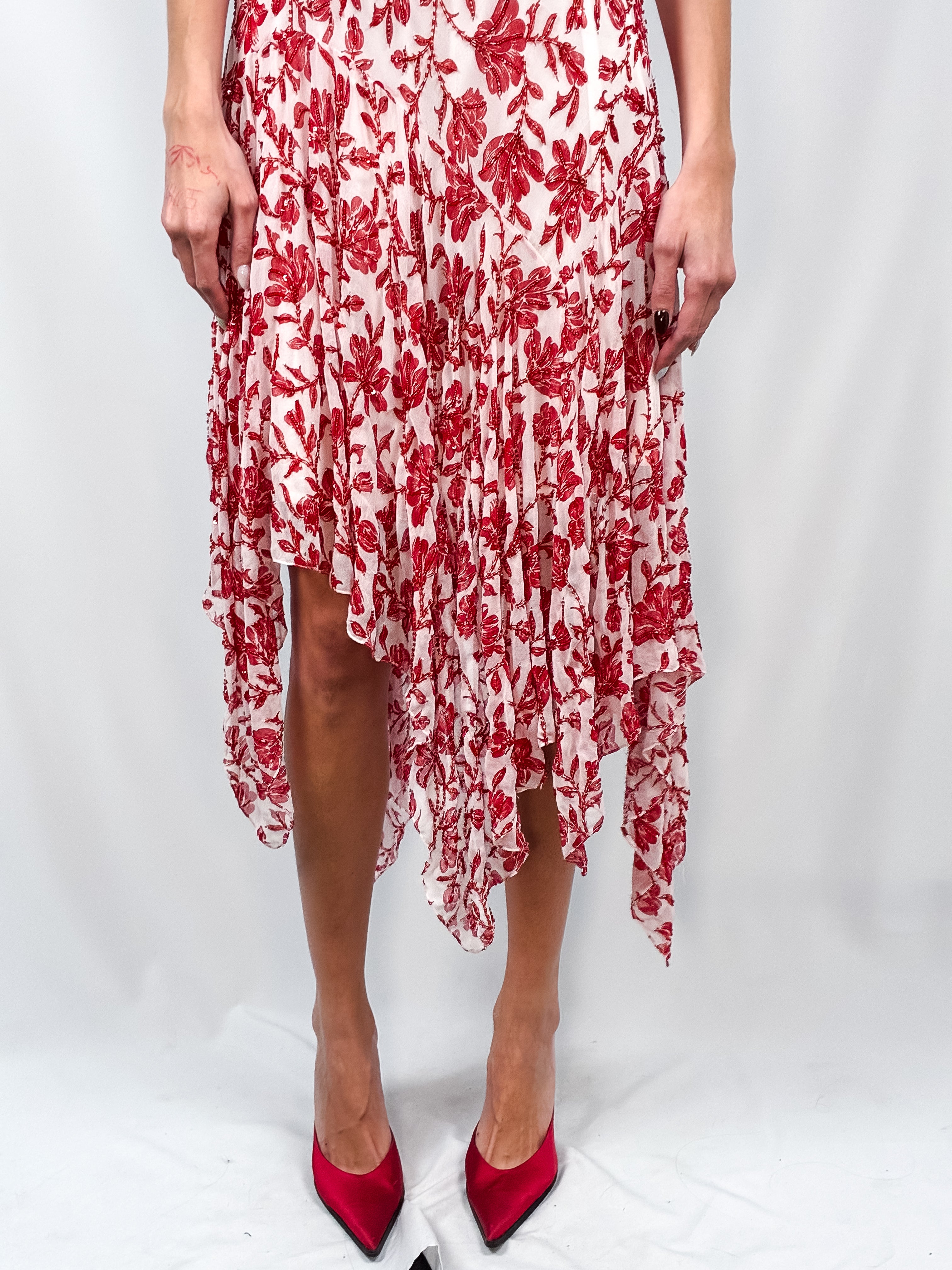 2000s Red & Cream Beaded Floral Handkerchief Hem Slip Dress - S/M