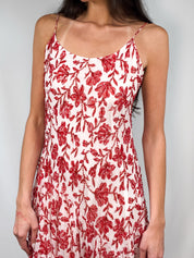 2000s Red & Cream Beaded Floral Handkerchief Hem Slip Dress - S/M