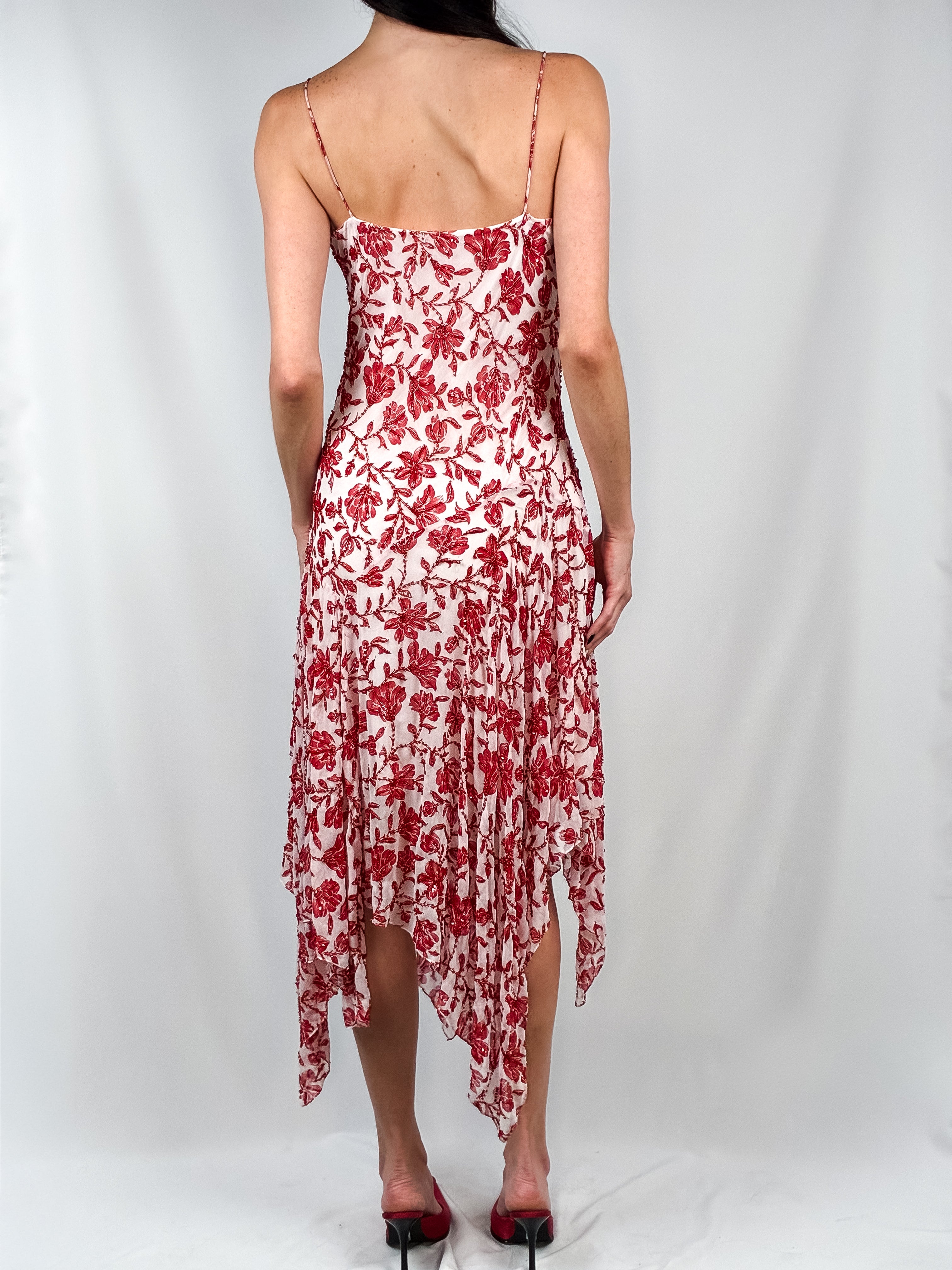 2000s Red & Cream Beaded Floral Handkerchief Hem Slip Dress - S/M