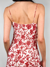 2000s Red & Cream Beaded Floral Handkerchief Hem Slip Dress - S/M