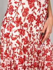 2000s Red & Cream Beaded Floral Handkerchief Hem Slip Dress - S/M