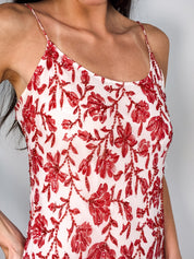 2000s Red & Cream Beaded Floral Handkerchief Hem Slip Dress - S/M