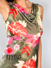 Galliano 2000s Floral Velvet Cowl-Neck Mini Dress - S
