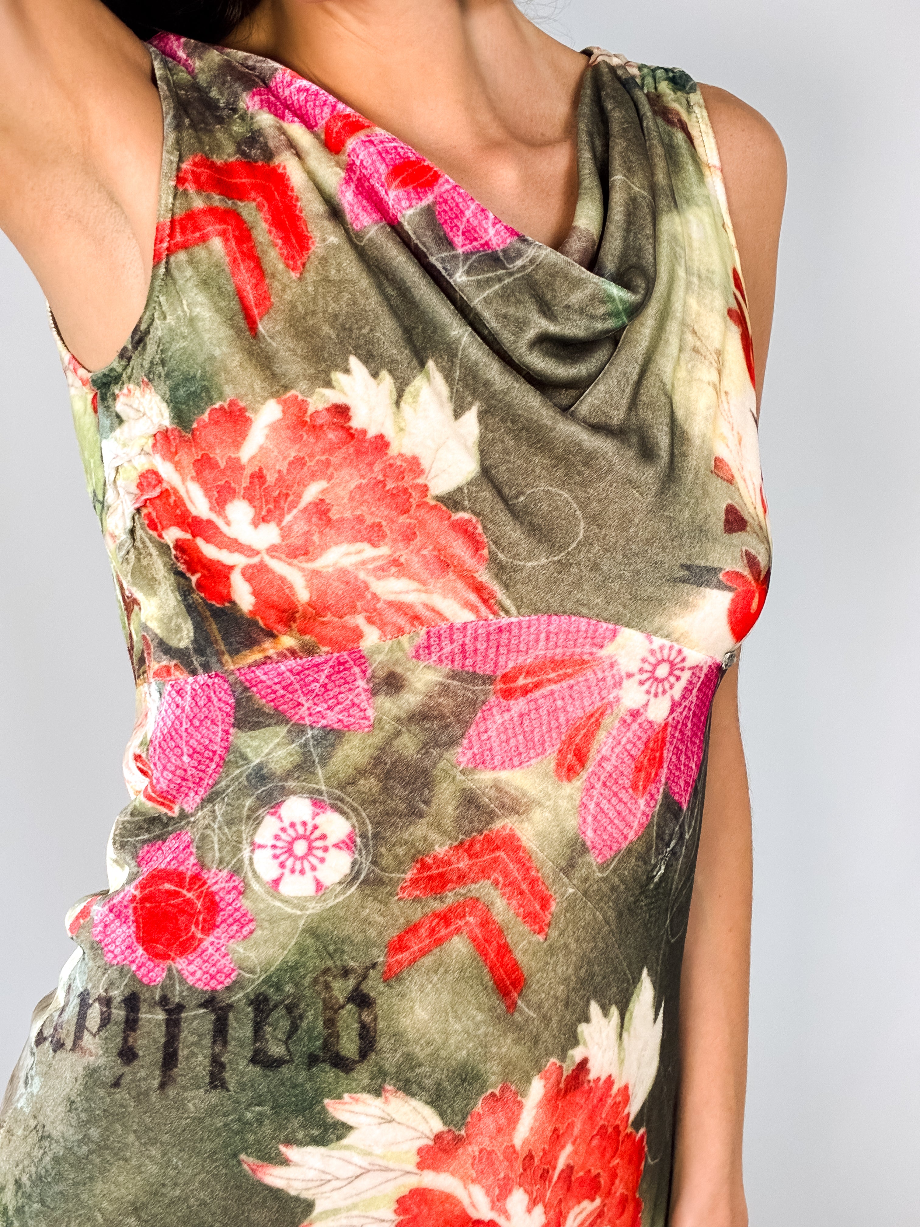 Galliano 2000s Floral Velvet Cowl-Neck Mini Dress - S