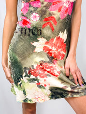 Galliano 2000s Floral Velvet Cowl-Neck Mini Dress - S