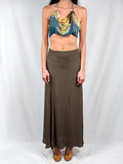 2000s Blue and Gold Watercolor Cowl-Neck Halter Top - S/M
