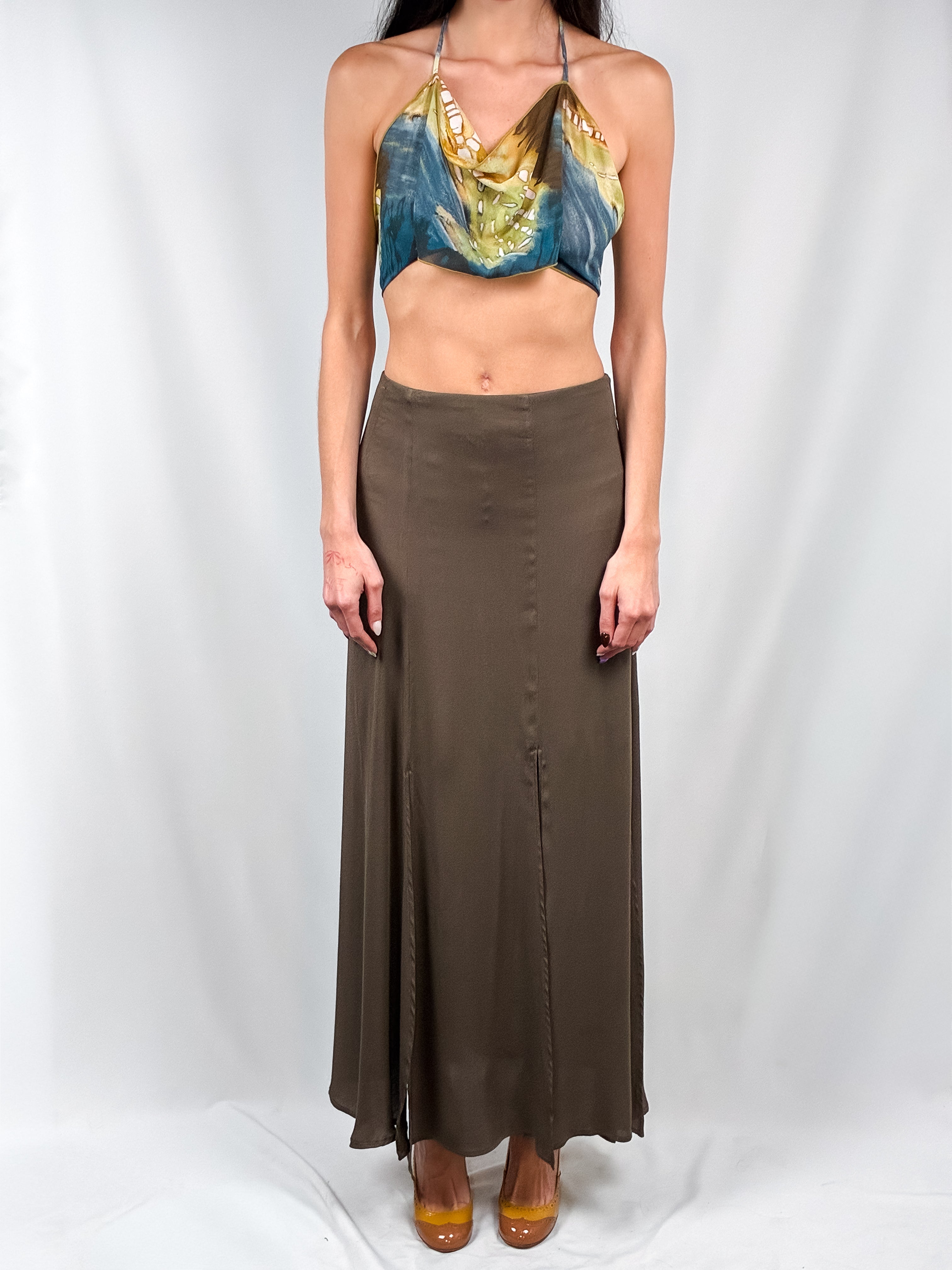 2000s Blue and Gold Watercolor Cowl-Neck Halter Top - S/M