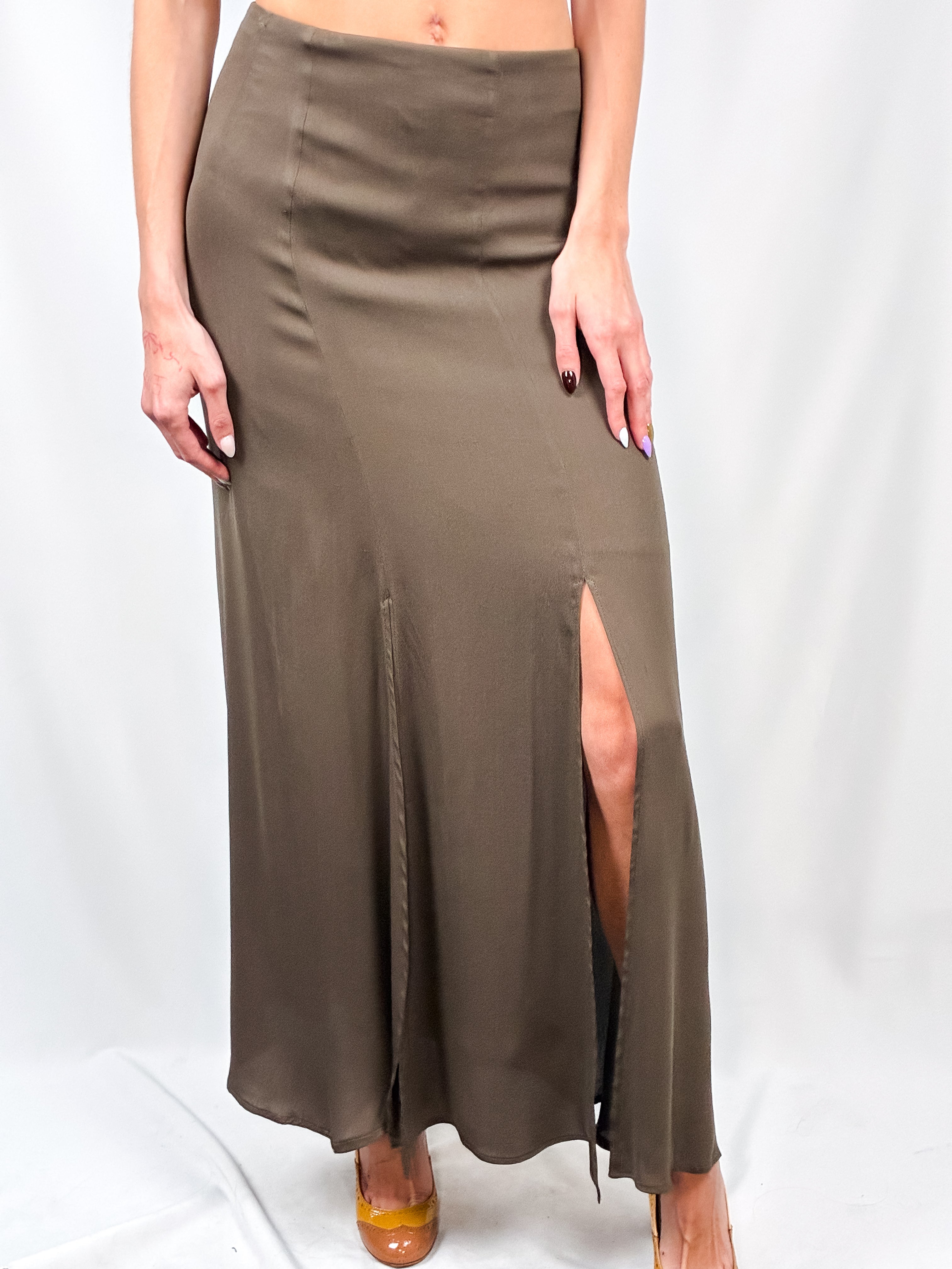 Gianfranco Ferré Studio 1990s Olive Satin Maxi Skirt with Slit - S/M