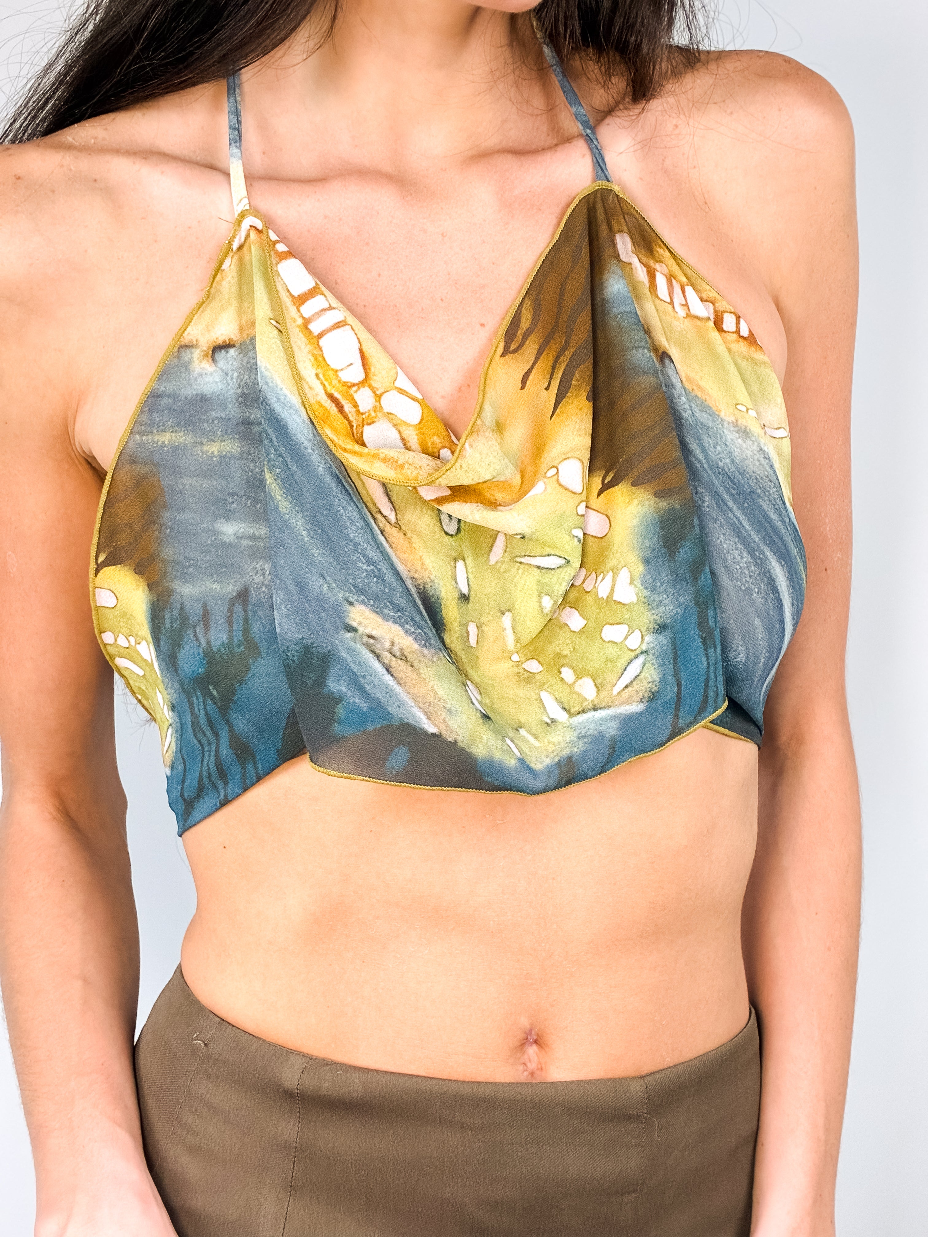2000s Blue and Gold Watercolor Cowl-Neck Halter Top - S/M
