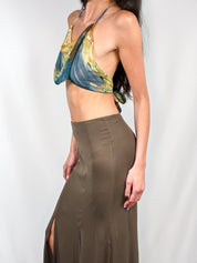 2000s Blue and Gold Watercolor Cowl-Neck Halter Top - S/M