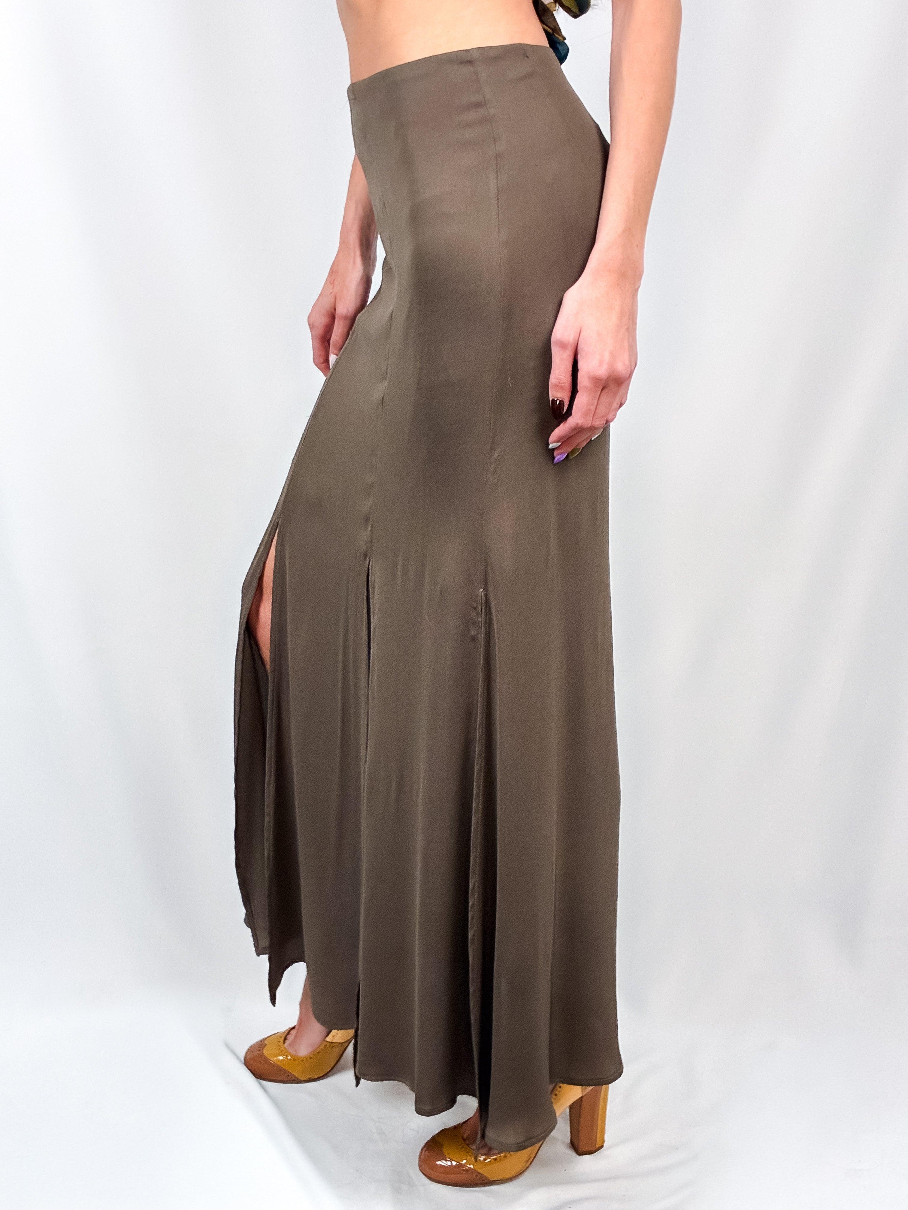 Gianfranco Ferré Studio 1990s Olive Satin Maxi Skirt with Slit - S/M