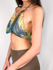 2000s Blue and Gold Watercolor Cowl-Neck Halter Top - S/M