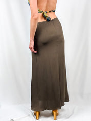 Gianfranco Ferré Studio 1990s Olive Satin Maxi Skirt with Slit - S/M