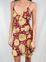 Roberto Cavalli 2000s Burgundy & Gold Floral Silk Slip Dress - XS/S