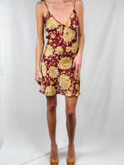 Roberto Cavalli 2000s Burgundy & Gold Floral Silk Slip Dress - XS/S