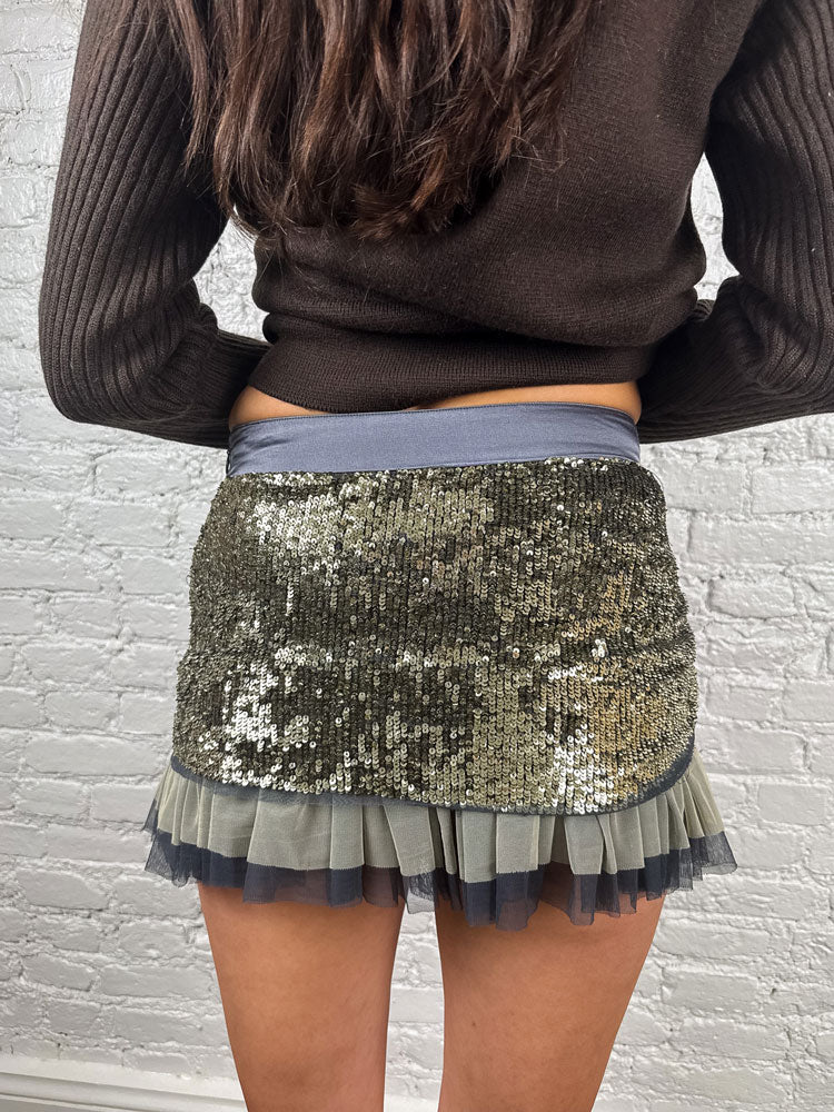 Patrizia Pepe 2000s Silver & Blue Sequin Pleated Mini Skirt