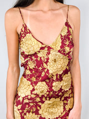 Roberto Cavalli 2000s Burgundy & Gold Floral Silk Slip Dress - XS/S