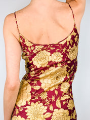 Roberto Cavalli 2000s Burgundy & Gold Floral Silk Slip Dress - XS/S
