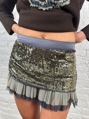 Patrizia Pepe 2000s Silver & Blue Sequin Pleated Mini Skirt