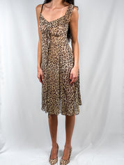 D&G Dolce & Gabbana 2000s Leopard Print Silk Chiffon Ruffle Midi Dress - S/M