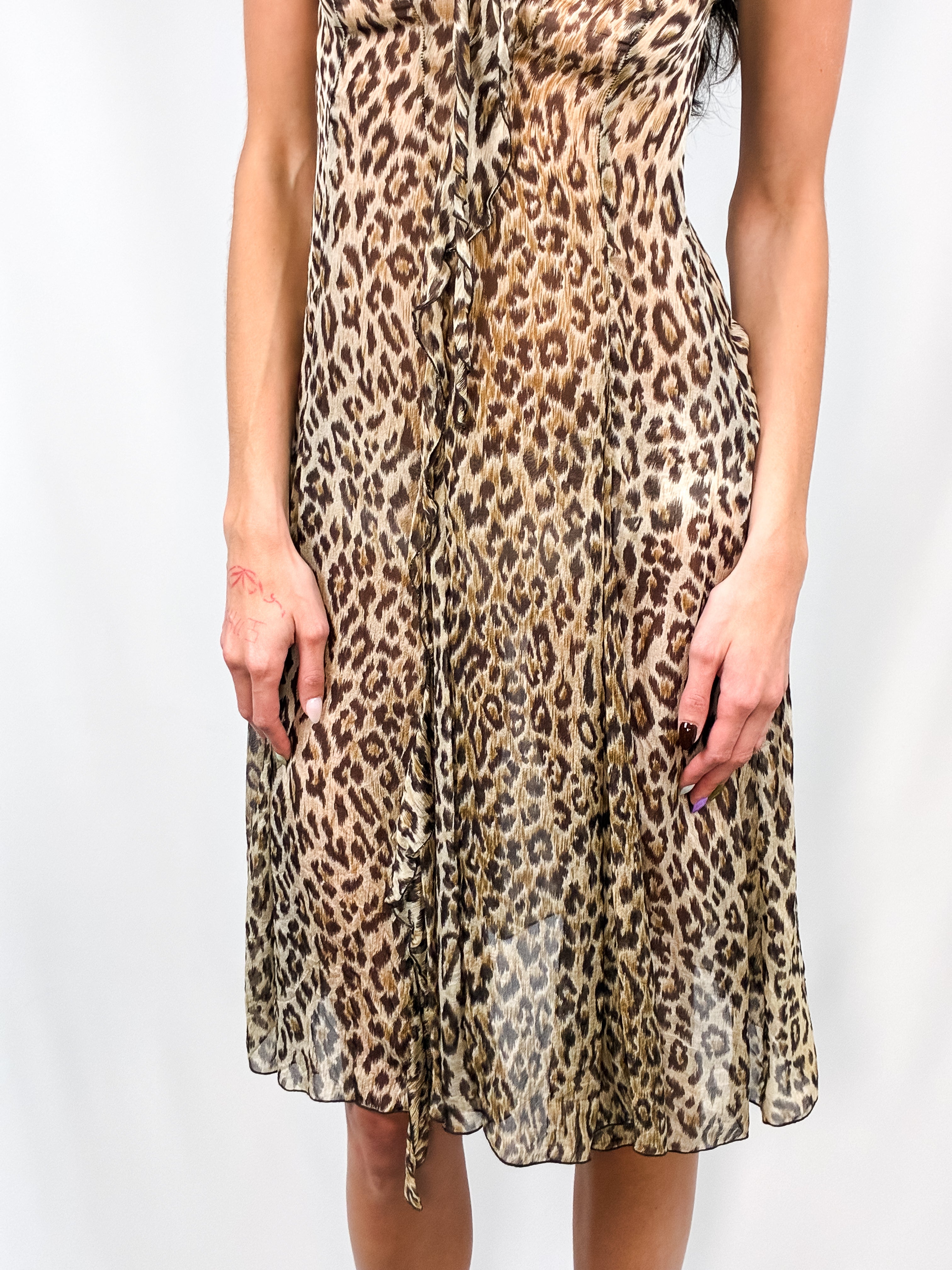 D&G Dolce & Gabbana 2000s Leopard Print Silk Chiffon Ruffle Midi Dress - S/M