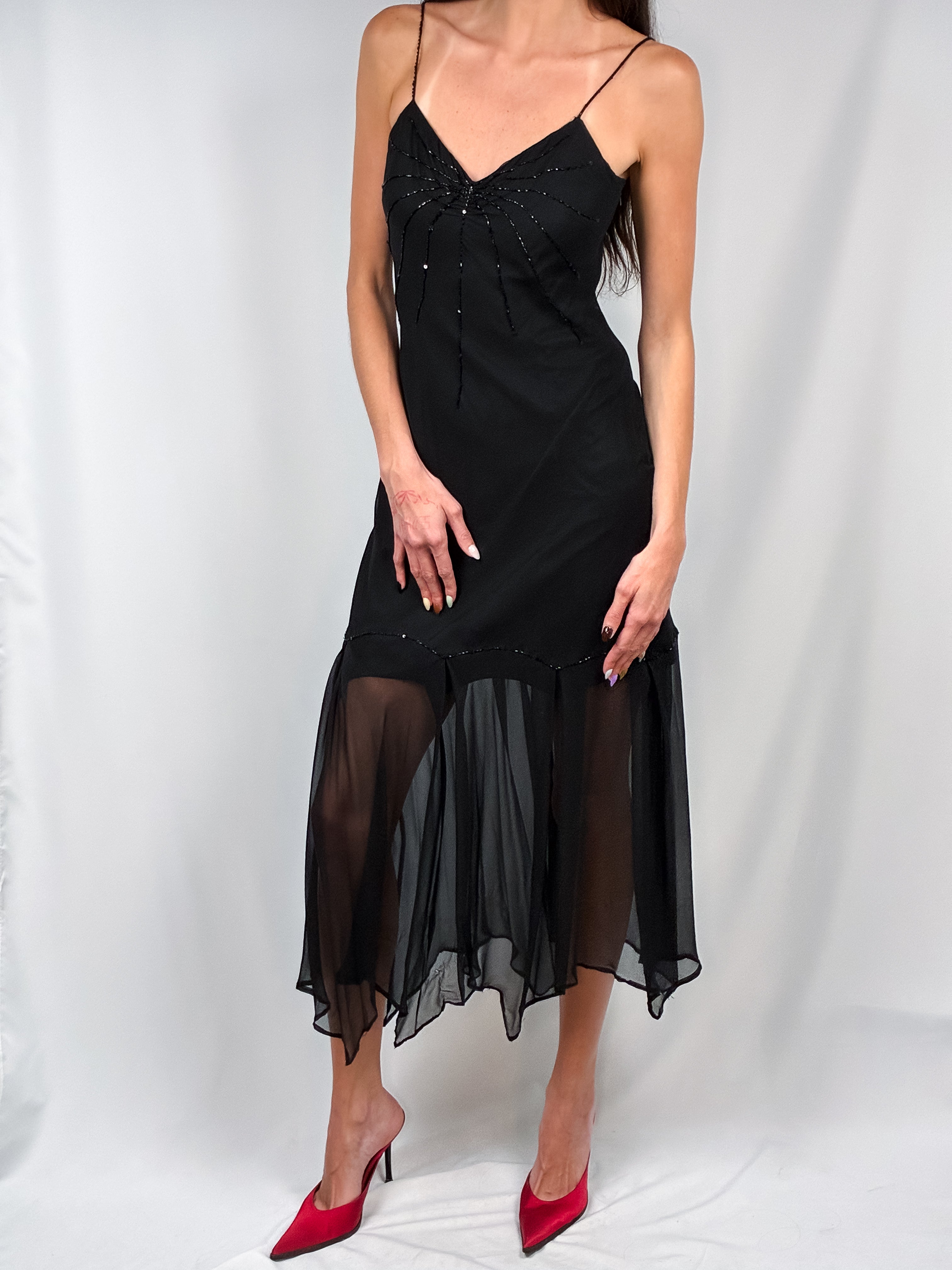 Marina by Marina Bresler 2000s Black Beaded Silk Slip Dress - XS/M