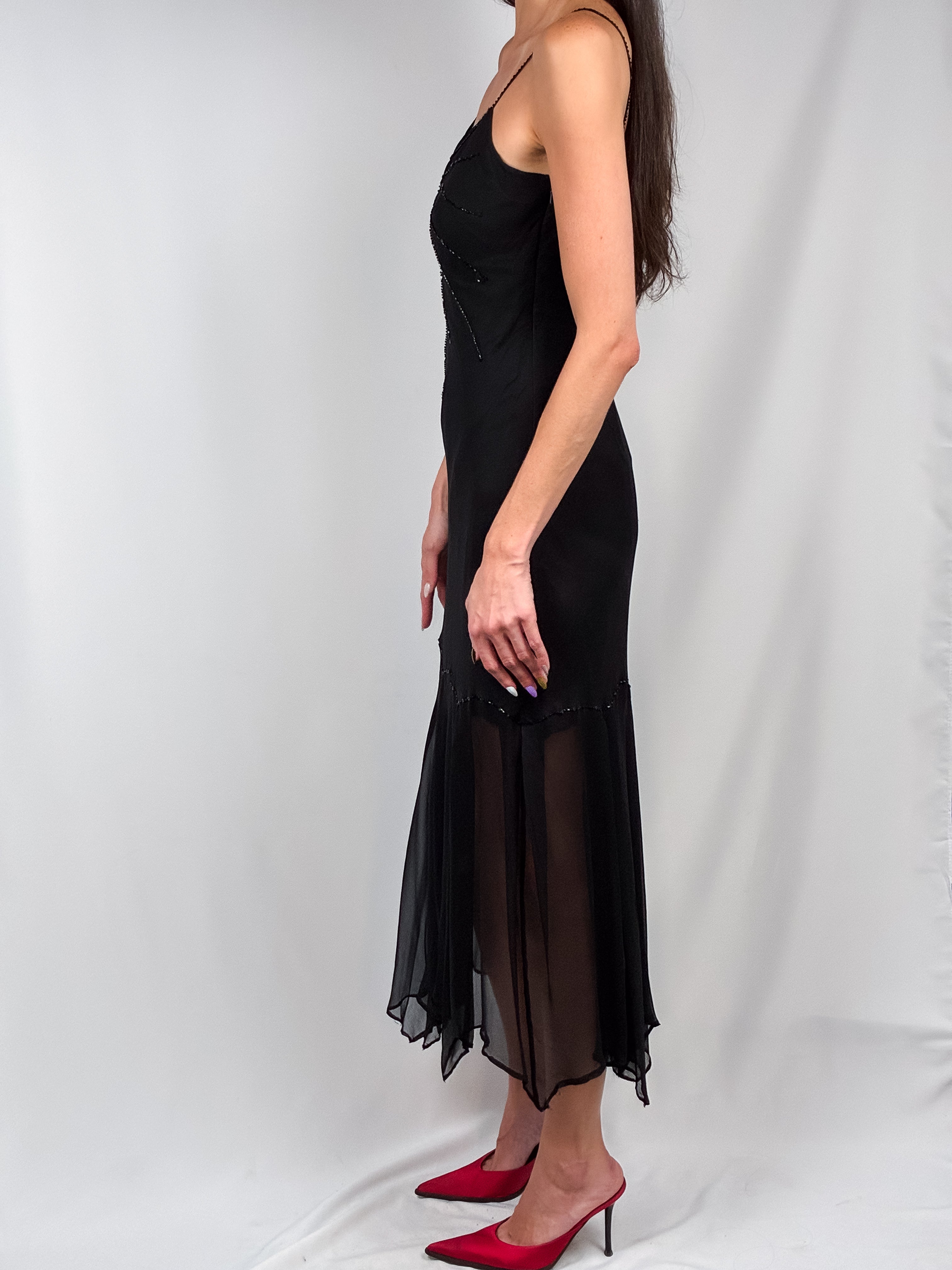 Marina by Marina Bresler 2000s Black Beaded Silk Slip Dress - XS/M