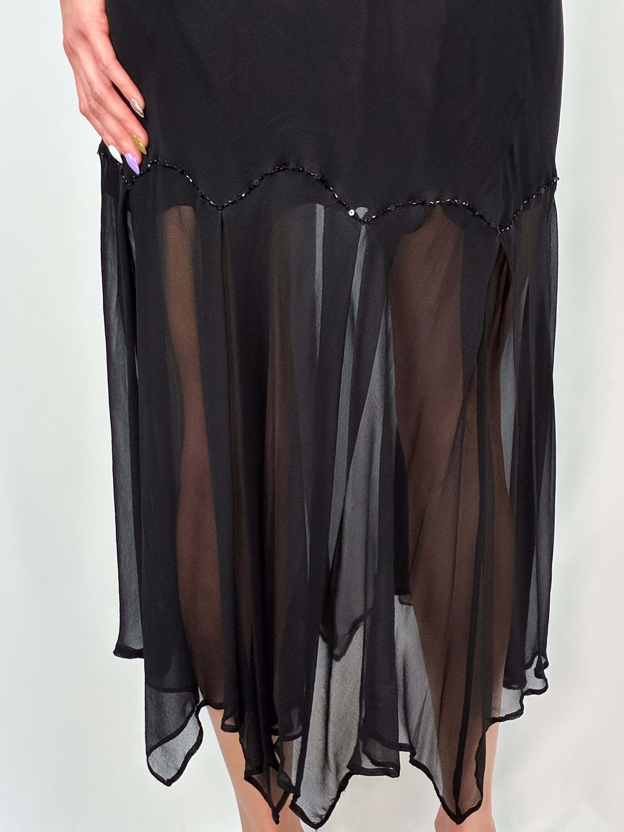 Marina by Marina Bresler 2000s Black Beaded Silk Slip Dress - XS/M