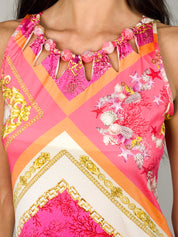 Blumarine Beachwear 2000s Pink Coral & Seashell Print Mini Dress - M/L