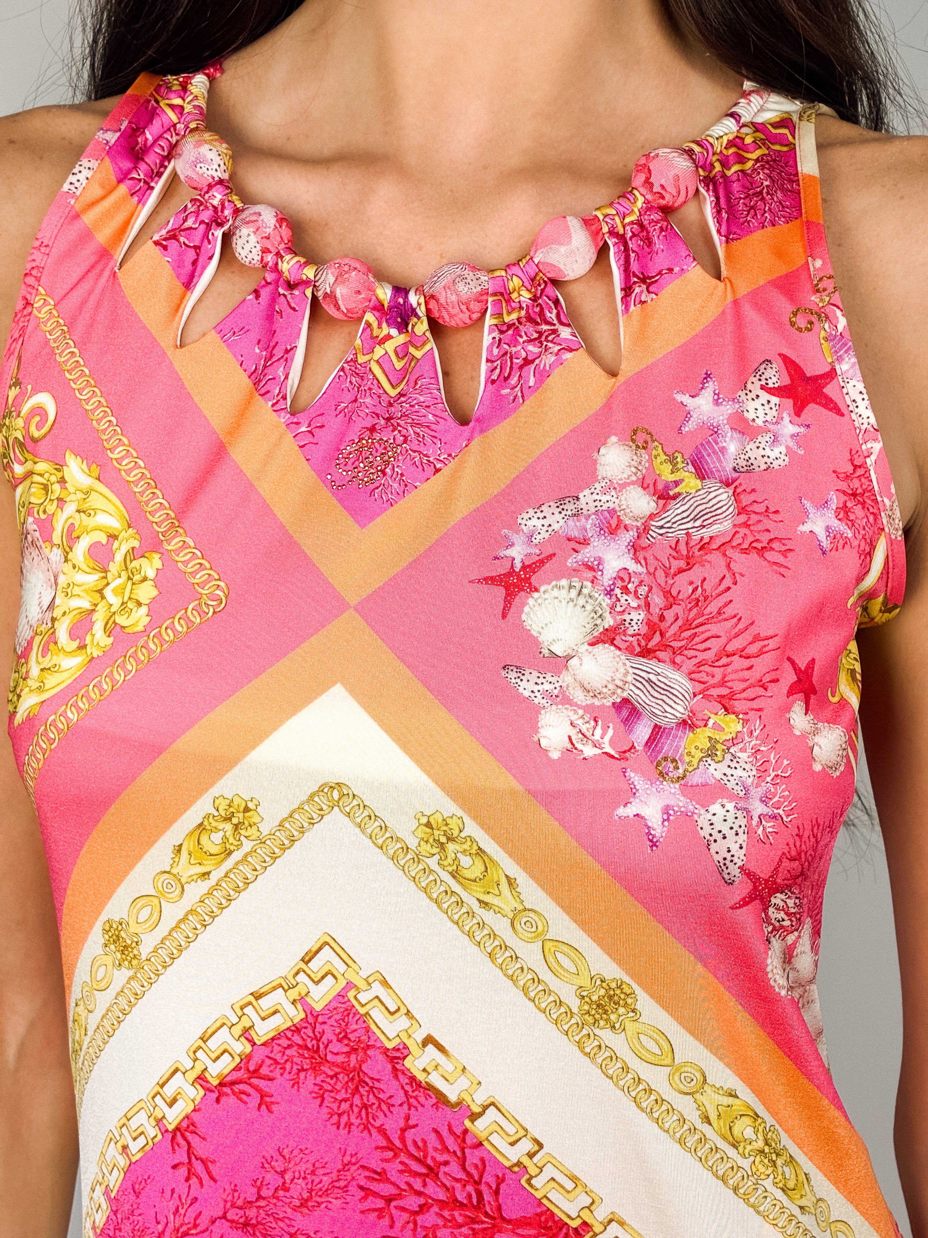 Blumarine Beachwear 2000s Pink Coral & Seashell Print Mini Dress - M/L