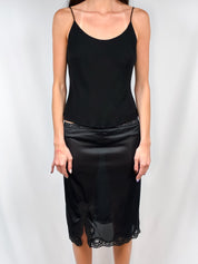 Vintage 1960s Black Satin Lace-Trim Half Slip Skirt - S/M