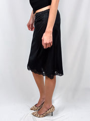 Vintage 1960s Black Satin Lace-Trim Half Slip Skirt - S/M