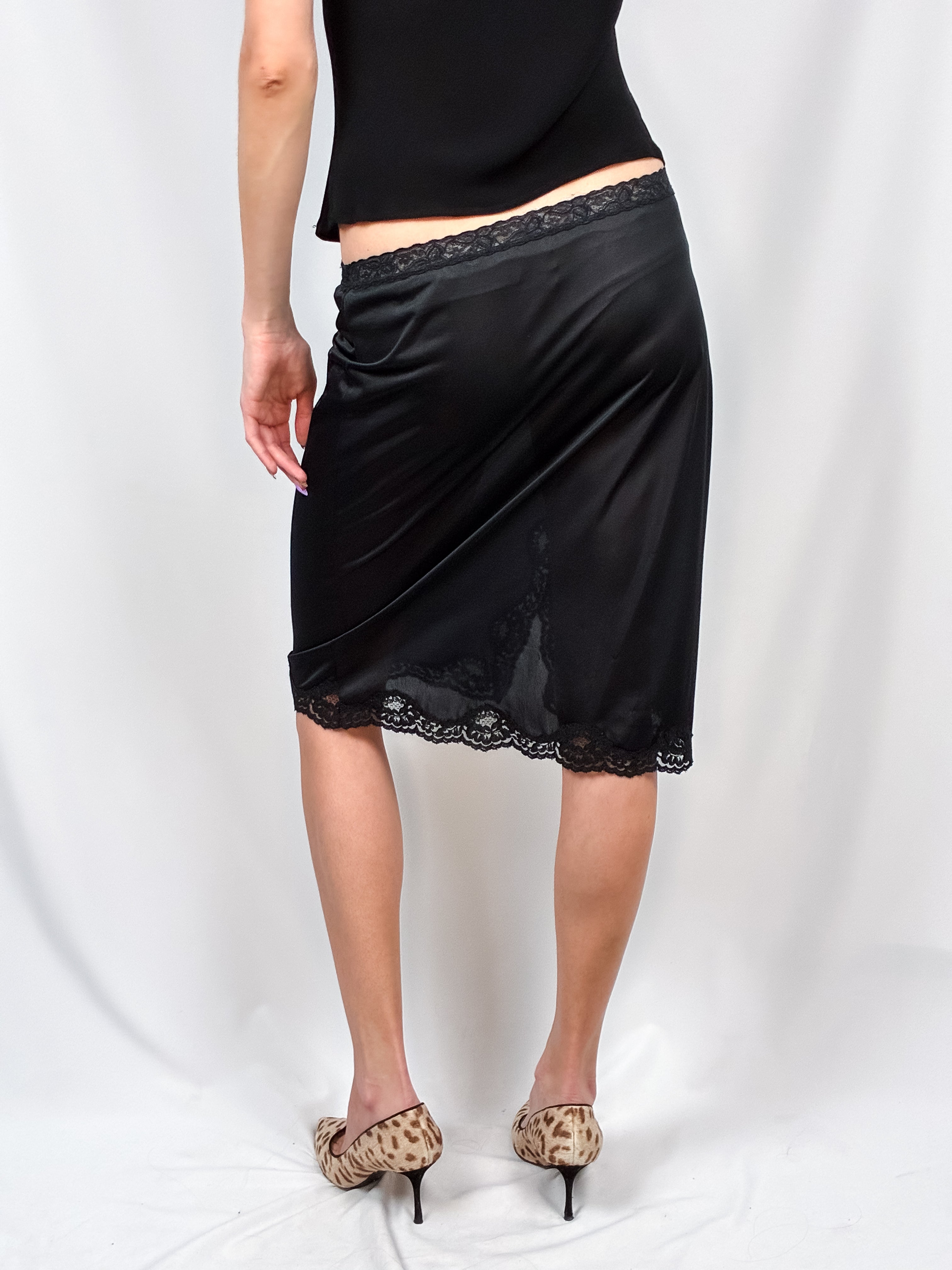 Vintage 1960s Black Satin Lace-Trim Half Slip Skirt - S/M