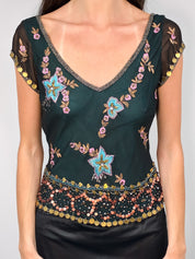 Aftershock 2000s Teal Floral Beaded Silk Top - S/M