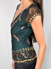 Aftershock 2000s Teal Floral Beaded Silk Top - S/M