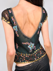 Aftershock 2000s Teal Floral Beaded Silk Top - S/M