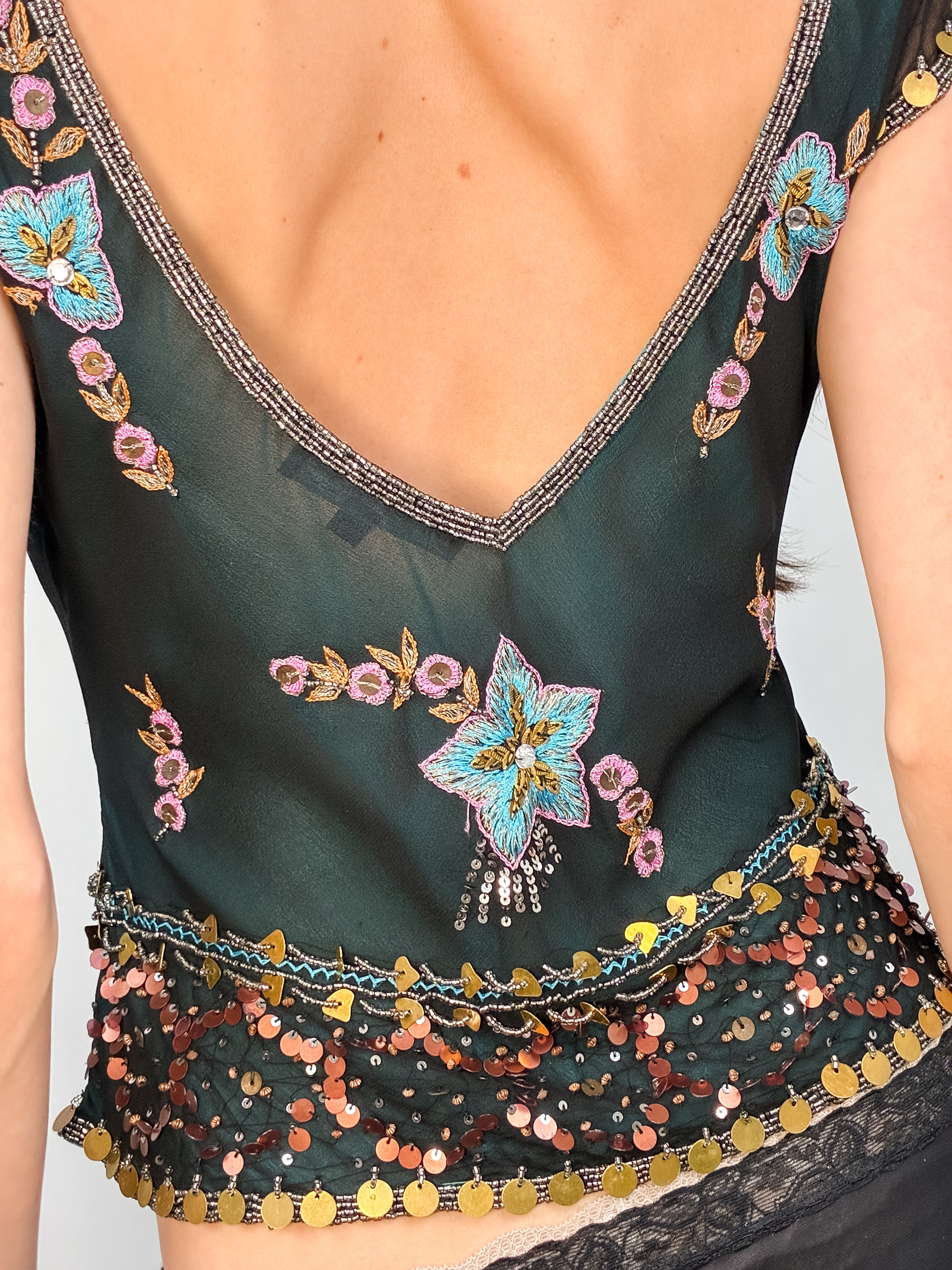 Aftershock 2000s Teal Floral Beaded Silk Top - S/M