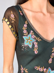 Aftershock 2000s Teal Floral Beaded Silk Top - S/M