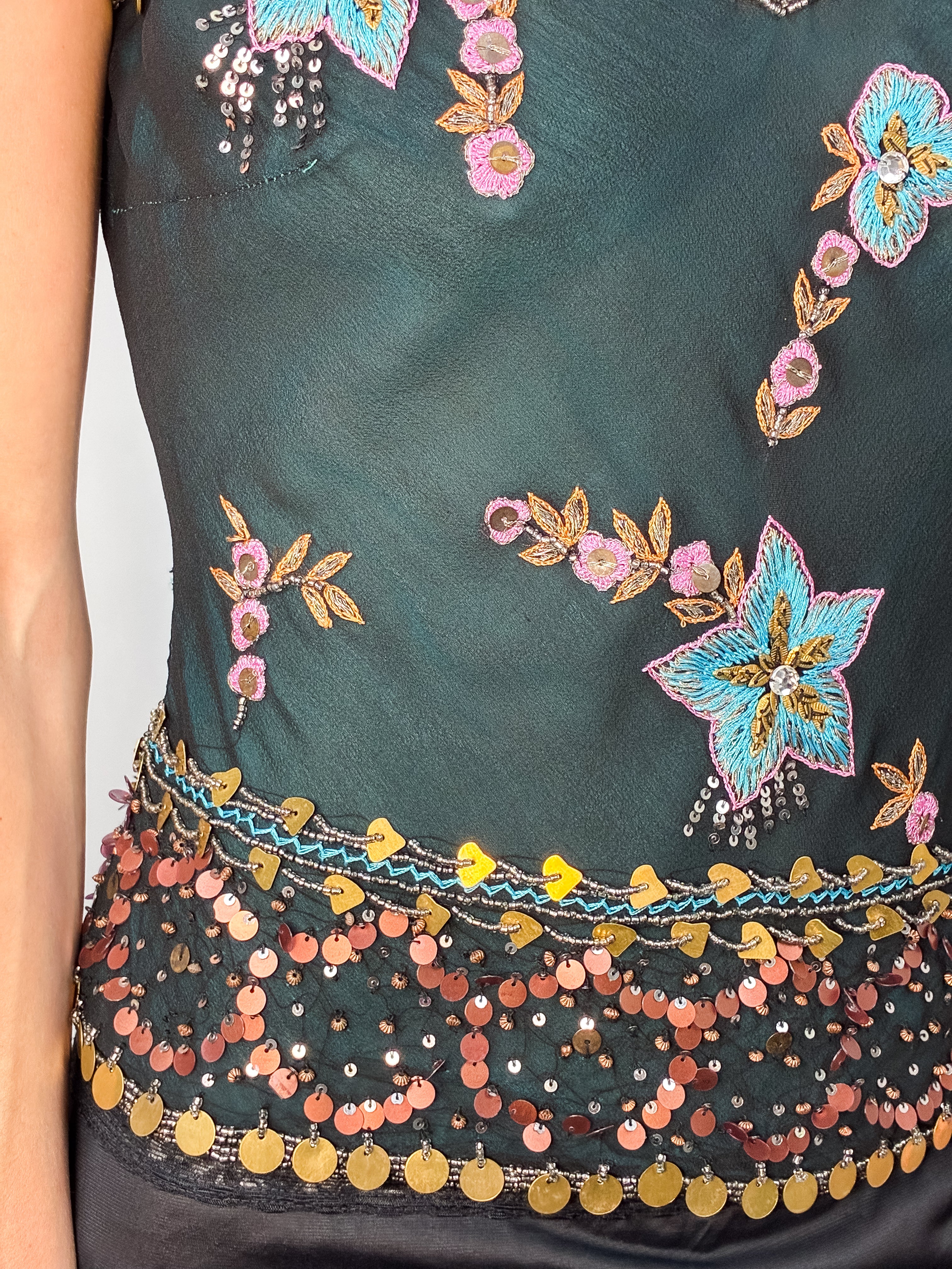 Aftershock 2000s Teal Floral Beaded Silk Top - S/M