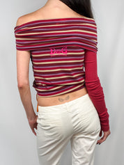 D&G Dolce & Gabbana 2000s Striped Graphic Off-Shoulder Long Sleeve Top - XS/M