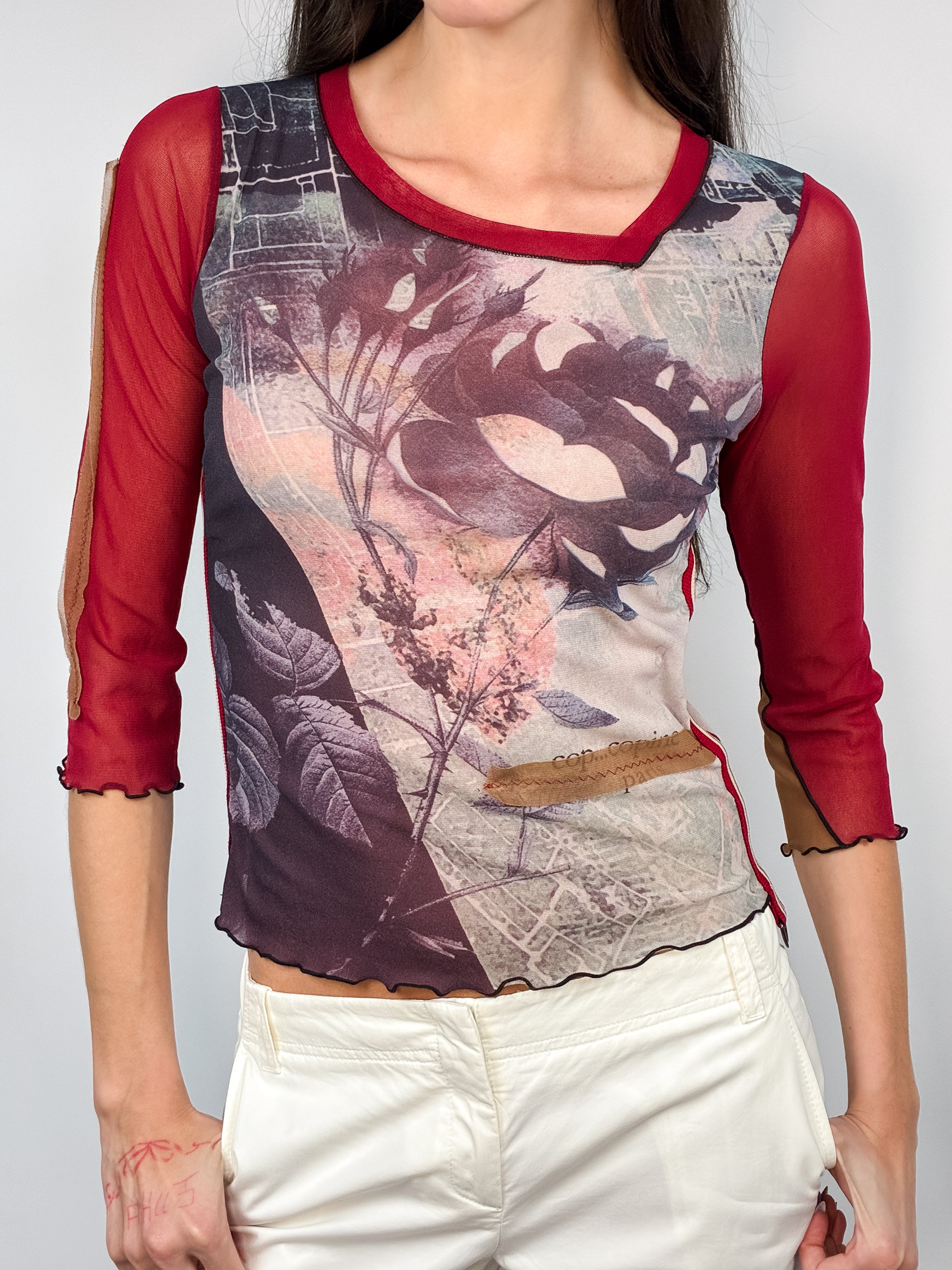 Cop Copine 2000s Red Mesh Rose Print Top - S/M