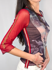 Cop Copine 2000s Red Mesh Rose Print Top - S/M
