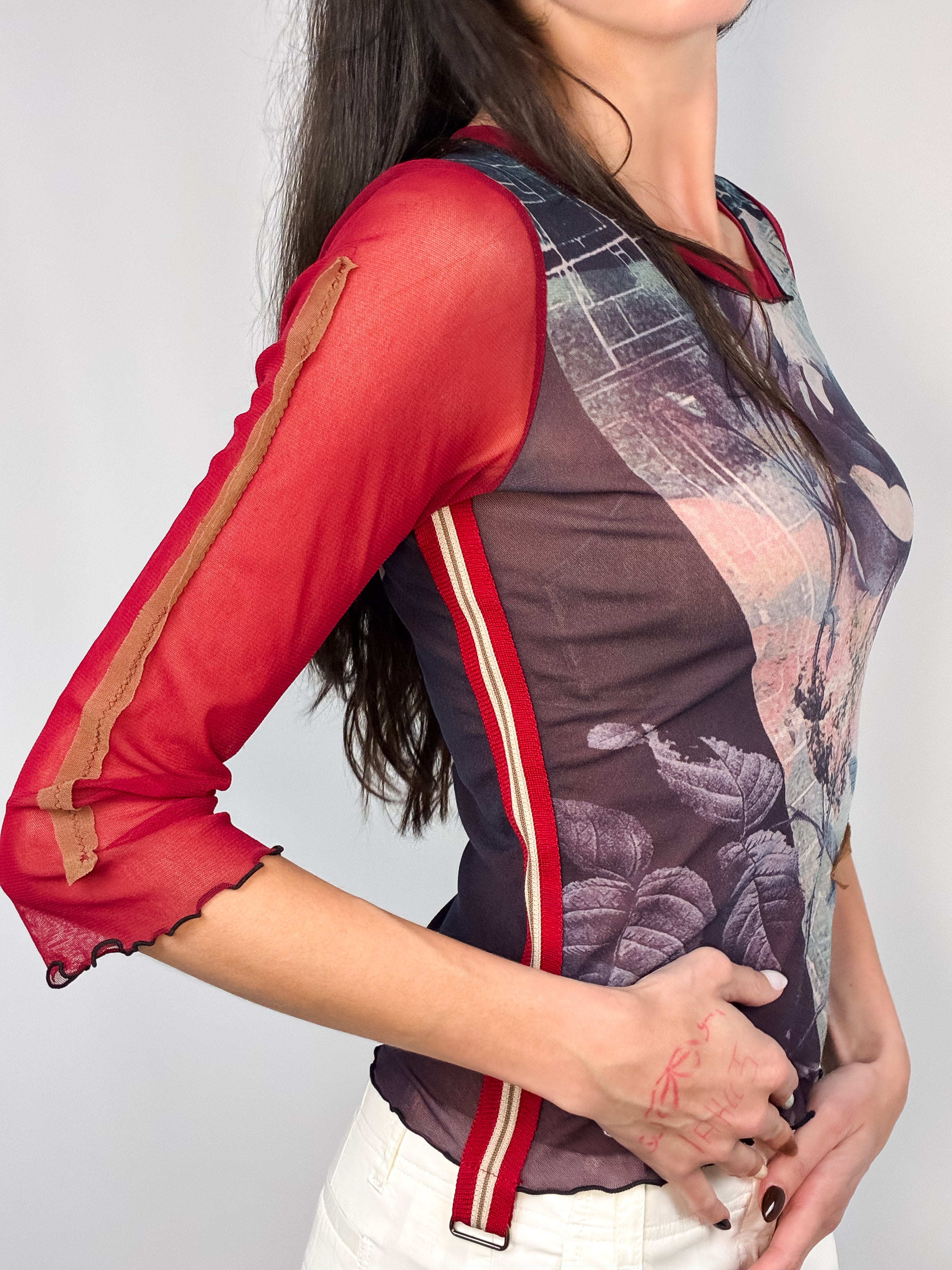Cop Copine 2000s Red Mesh Rose Print Top - S/M
